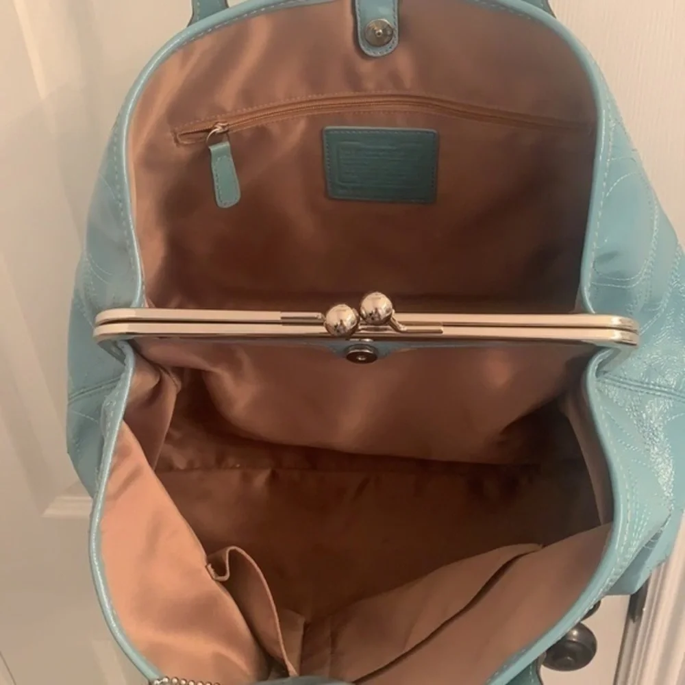 COACH purse blue patent signature framed carryall bag